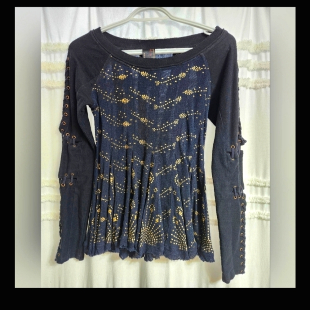 Free People Navy Blue Long Sleeve Studded Peplum Top with Gold Accents